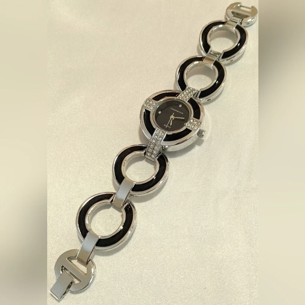 Charter Club Women's Dress Watch Silver w/ Black Enamel & Crystals New Battery